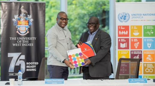 UN Inks New Partnership with the University of the West Indies Professor Densil A. Williams, Principal, UWI Mona (L) and Mr. Dennis Zulu UN Resident Coordinator (R)